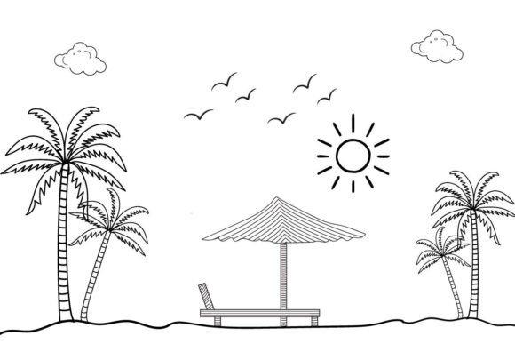 Line Art Beach Coloring Page Elements