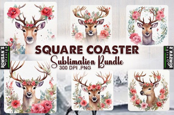 Watercolor Reindeer Square Coaster Graphics